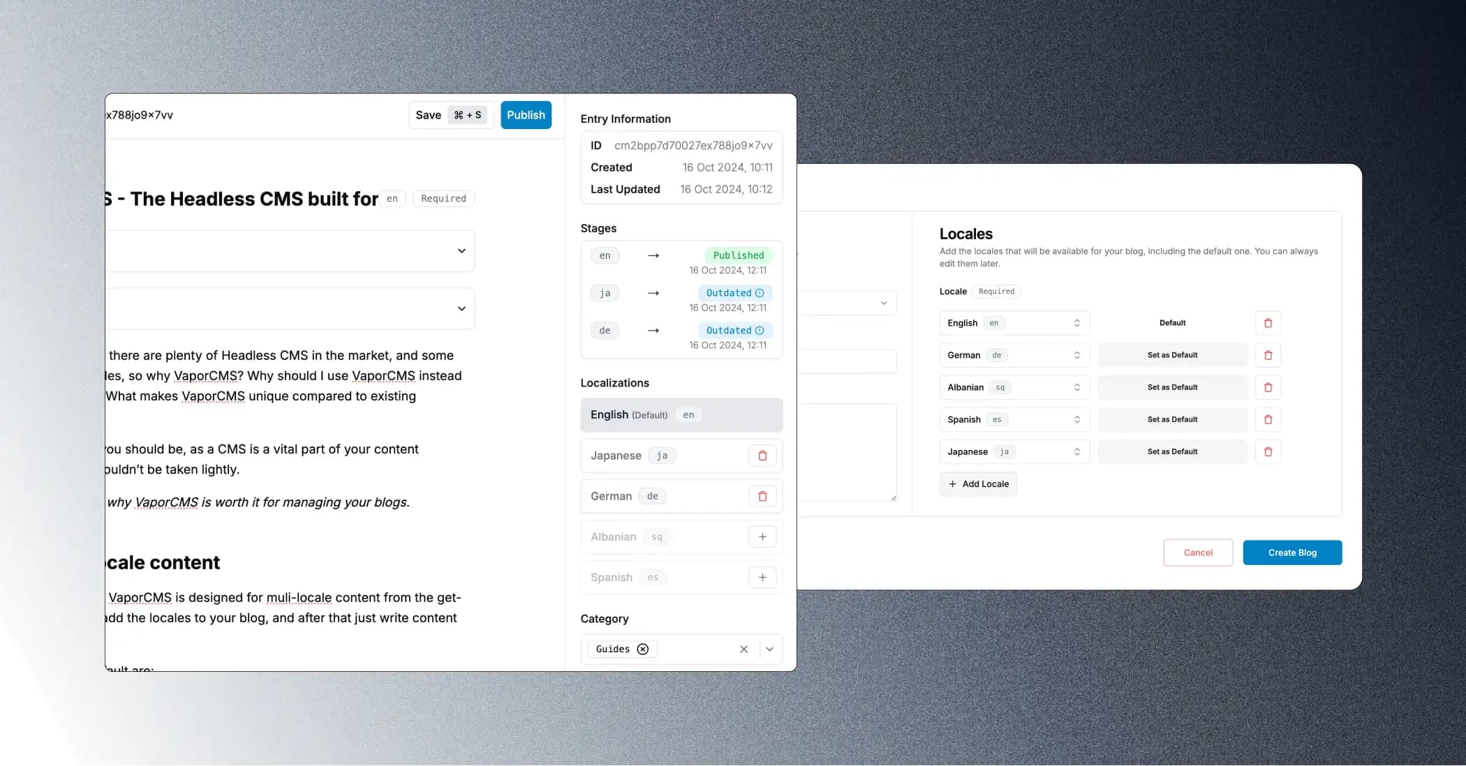 VaporCMS Locatization screen